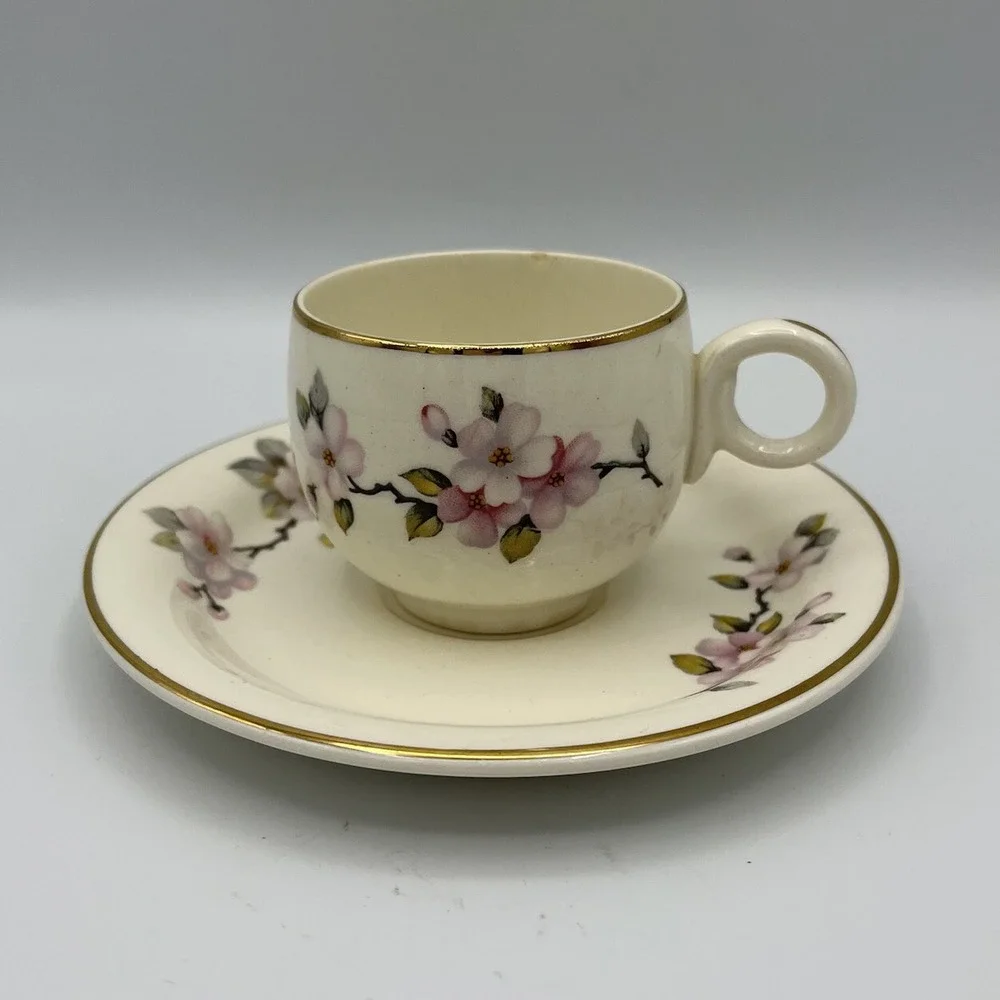 Vintage Homer Laughlin Demitasse Cup Saucer Eggshell Dogwood Floral Gold USA‎